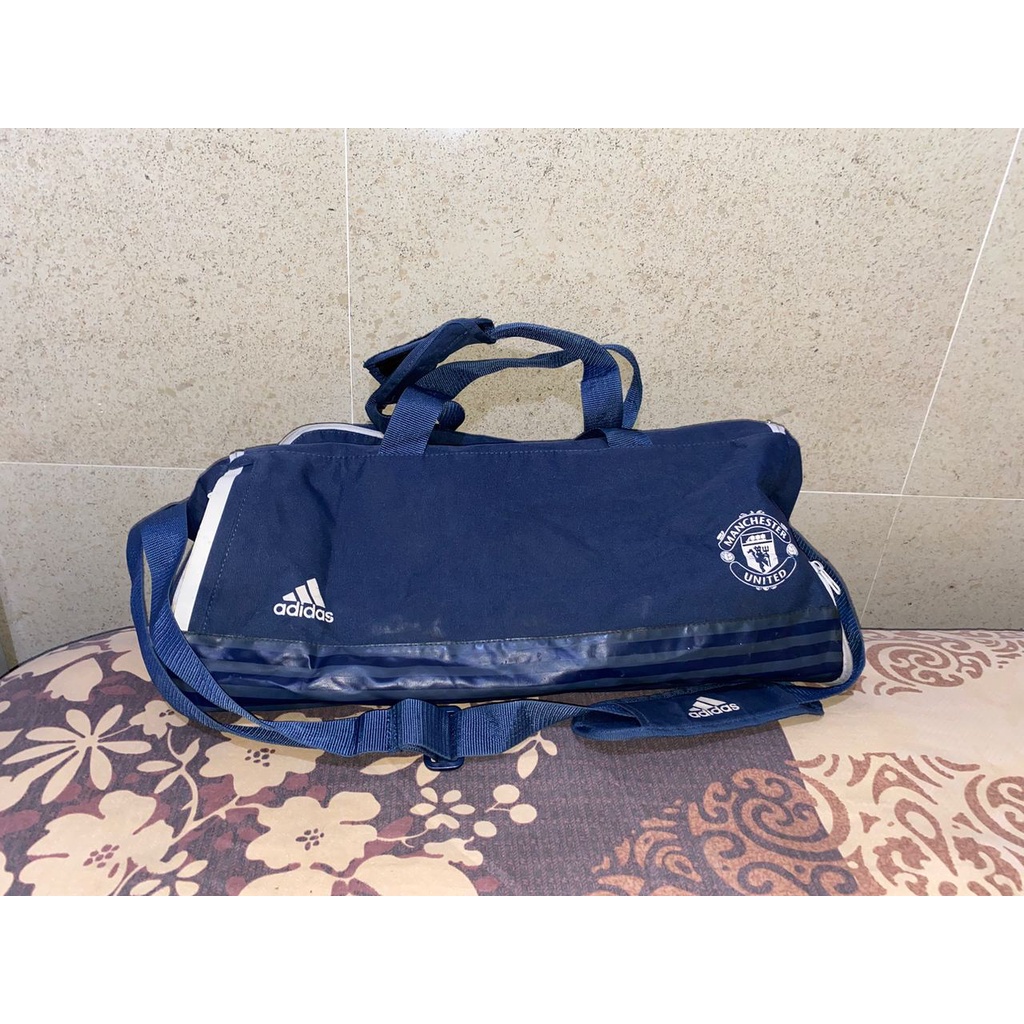 Tas minggat gym travel bag pria brand Adidas - canvas mix leather - biru