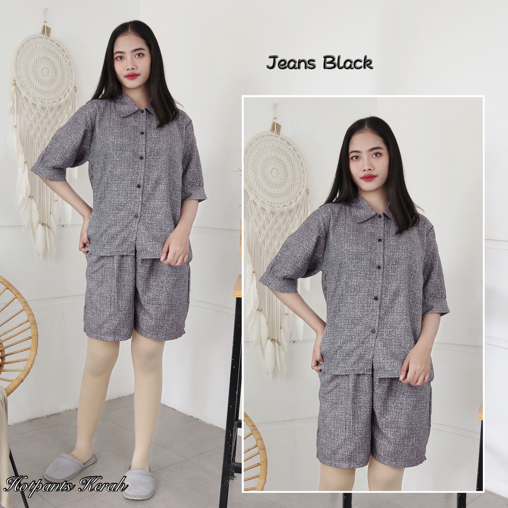IZANY Piyama Dewasa Hotpant Lengan Balon / HP / Set Celana Pendek Dewasa banyak varian RAYON-JEANS BLACK RA