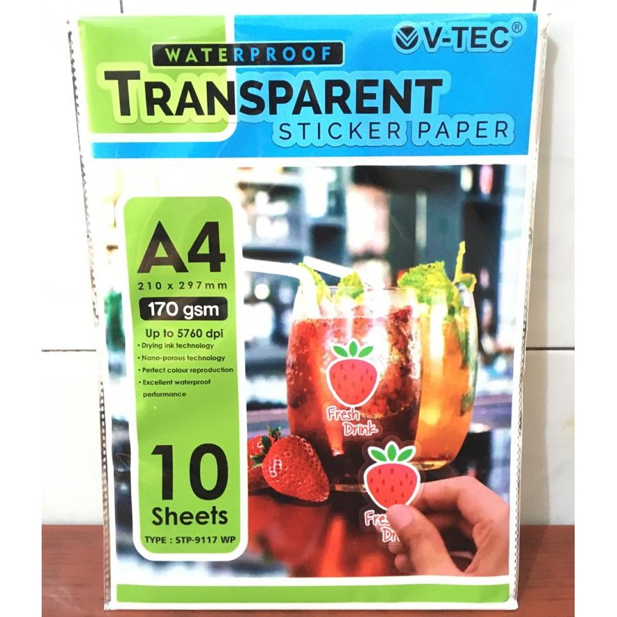 

Kertas Stiker Transparant Ukuran A4 VTEC/E-Print 10lbr/pak