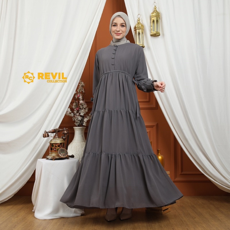 Dress laluna_ gamis rempel kancing depan bahan ceruty baby doll premium full furing
