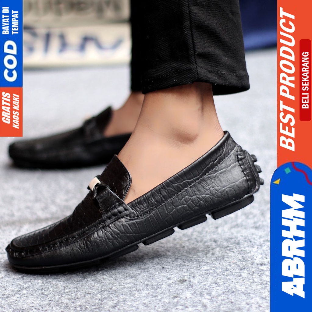 Sepatu Casual Pria Formal Slip On Pantofel Kulit Asli Kerja Kantor Kondangan Kuliah Hitam Fashion Shoes Terbaru Murah Kekinian Original PARIS ABRHM