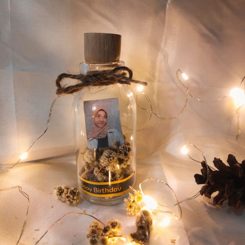 kado ulang tahun| hadiah ulang tahun| photo + bunga edelweis in botol | Botol | sovenir | bunga | ha