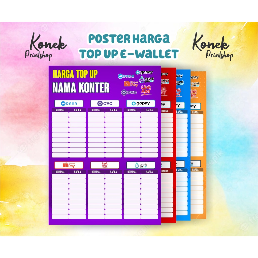 Jual Poster Konter Daftar Harga Top Up E Wallet Edisi Portrait