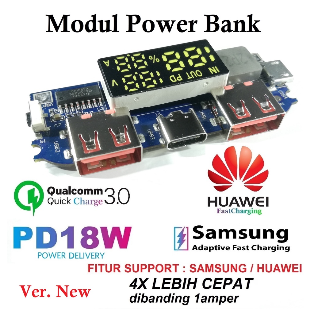 Jual modul power bank QC 3.0 + PD power delivery fast charging hp