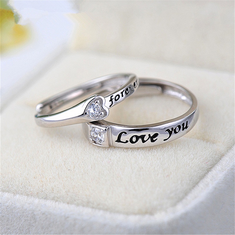 ECG Love Heart Zircon Hollow Opening Adjustable Anti-rust Waterproof Couple Ring Joint Ring Set Korean Fashion Jewelry Gift Best Accessories for Boys and Girls Friends