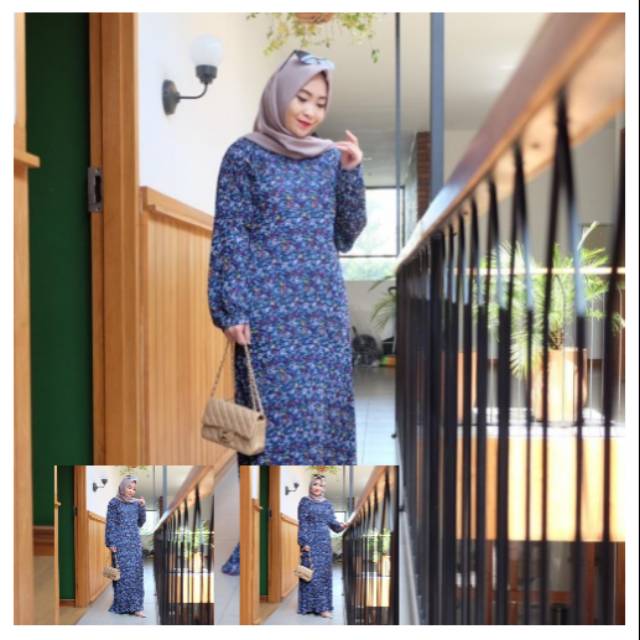 Dress Plisket Navy Bunga Kecil