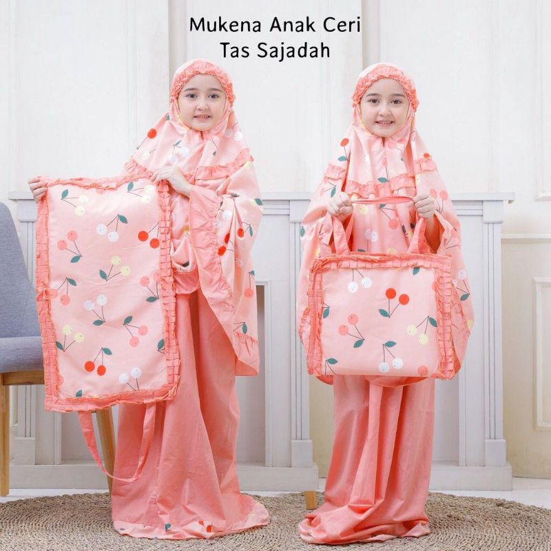 mukena ceri anak perempuan salem/ mukena set dan sajadah