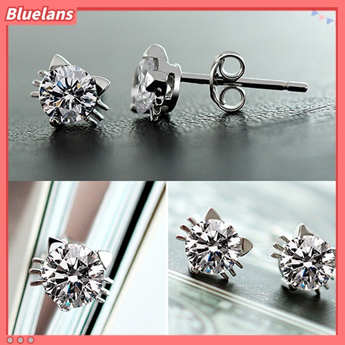 Anting Stud 925 Sterling Silver Bentuk Kucing Aksen Zirkon Untuk Perempuan