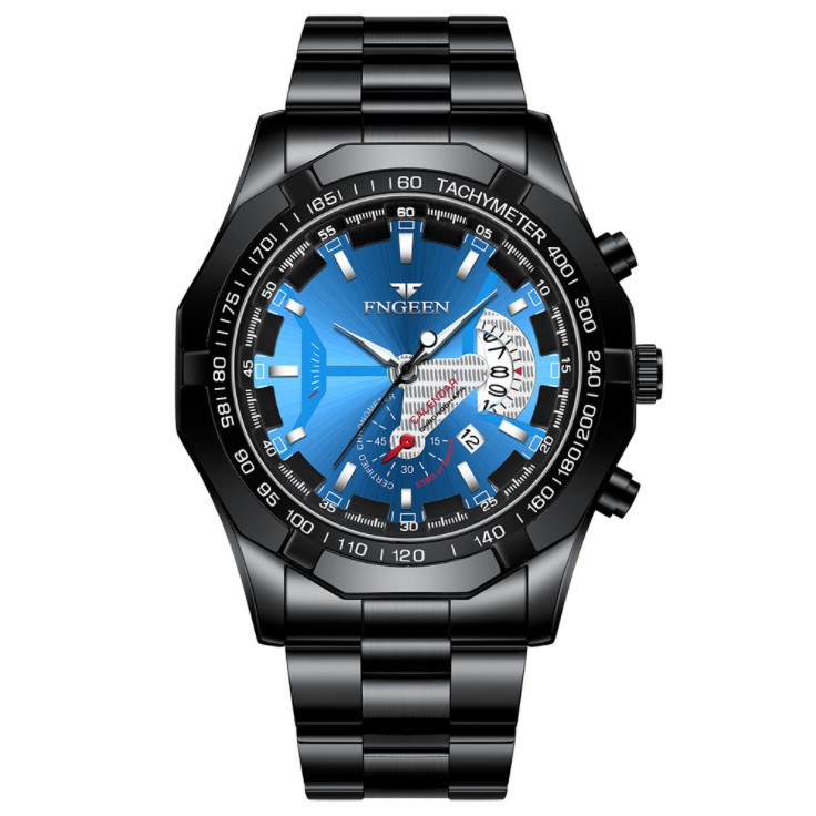 【Dijamin 100% Original】Jam Tangan Pria FNGEEN S001 Luxury Stainless Steel Quartz Original Tahan Air Watch + Kotak Gratis-Black Blue-P7