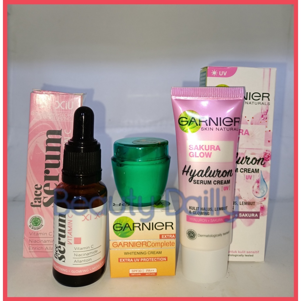 PROMO Paket 3 IN 1 Garnier - Garnier Sakura Glow Hyaluron Serum Cream UV + Cream Garnier Complete Wh