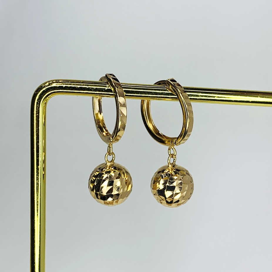 Anting Jepit Emas Asli Model Gantung Bola Ukir Kadar 700 16K Kuning Soft Surabaya