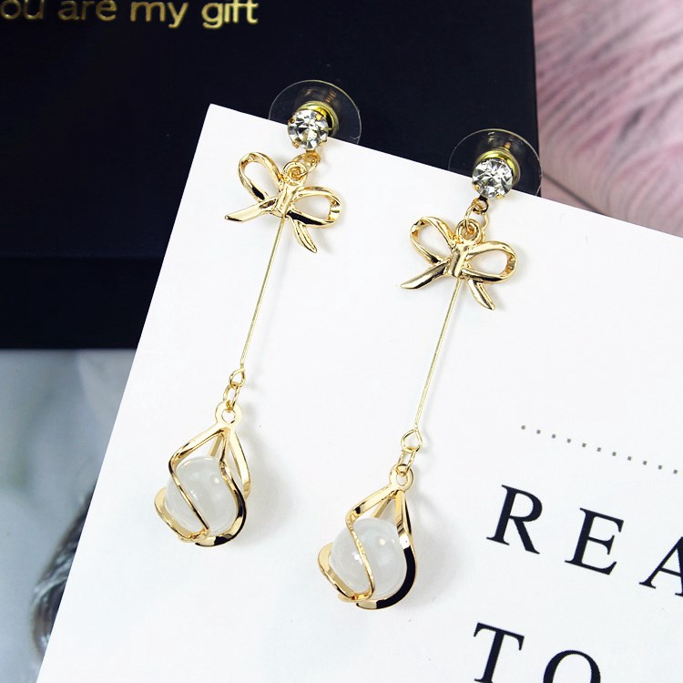 925 Silver Needle Bow Long Earrings Rhinestone Opal Earrings Temperament Round Face Thin Earrings