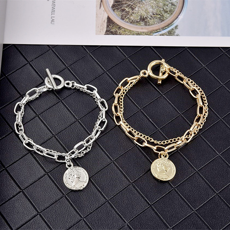 Gelang Liontin Koin Emas Gelang Retro Rantai Ganda Pasangan Hip Hop Gelang Fashion Perhiasan Hadiah Permen Perhiasan