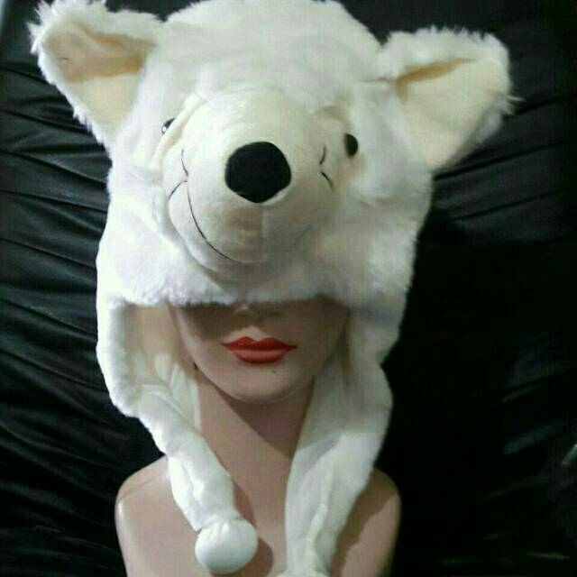 Topi boneka topi serigala cream putih topi hewan lucu abimal hat serigala