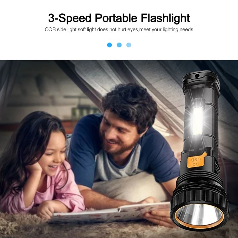 (Solar Usb Rechargeable Lampu Senter Led Cob 3 Mode Tahan Air Untuk Hiking / Camping / Outdoor