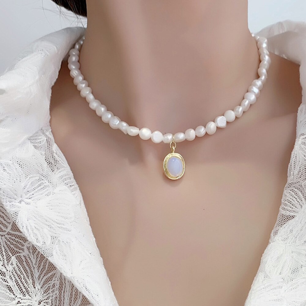 Kalung Choker Wanita Desain Geometri Oval Hias Mutiara Imitasi Gaya Minimalis Untuk Pernikahan