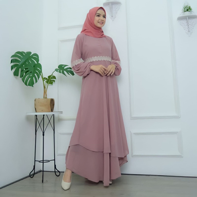 Gamis Malaysia Terbaru NADINE Dress Bahan Ceruty Mix Renda LD 110