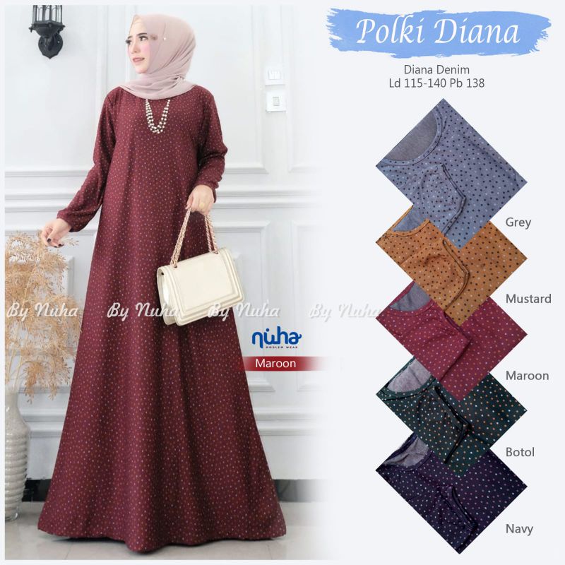 POLKI DIANA DRESS (PAKAIAN WANITA) BAHAN DIANA DENIM MOTIF POLKADOT | LD 115-140 CM PJ 138 CM