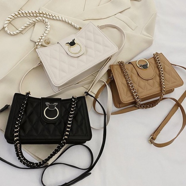 BJ31201 - BLACK/KHAKI/WHITE - TAS SHOULDERBAG SLEMPANG BAHU JINJING TOTEBAG TALI RANTAI BESI HANDBAG TAS WANITA FASHION IMPORT TERMURAH TERLARIS TERBARU BAGSTORE JAKARTA TAS BATAM LT1201 BQ3210