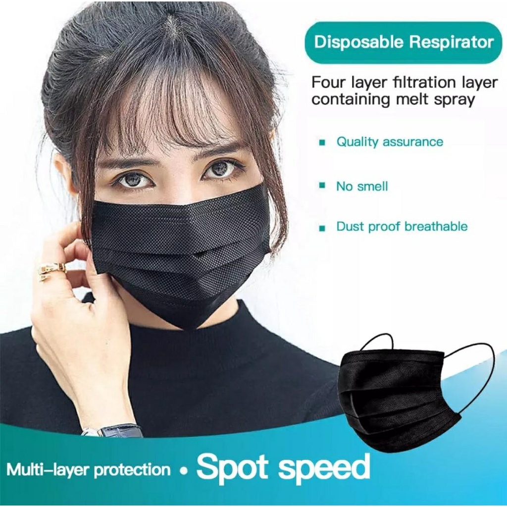 Masker KPOP Hitam Earloop Surgical Face Mask 3 Ply Fashion Korea 1 Box Isi 50pcs