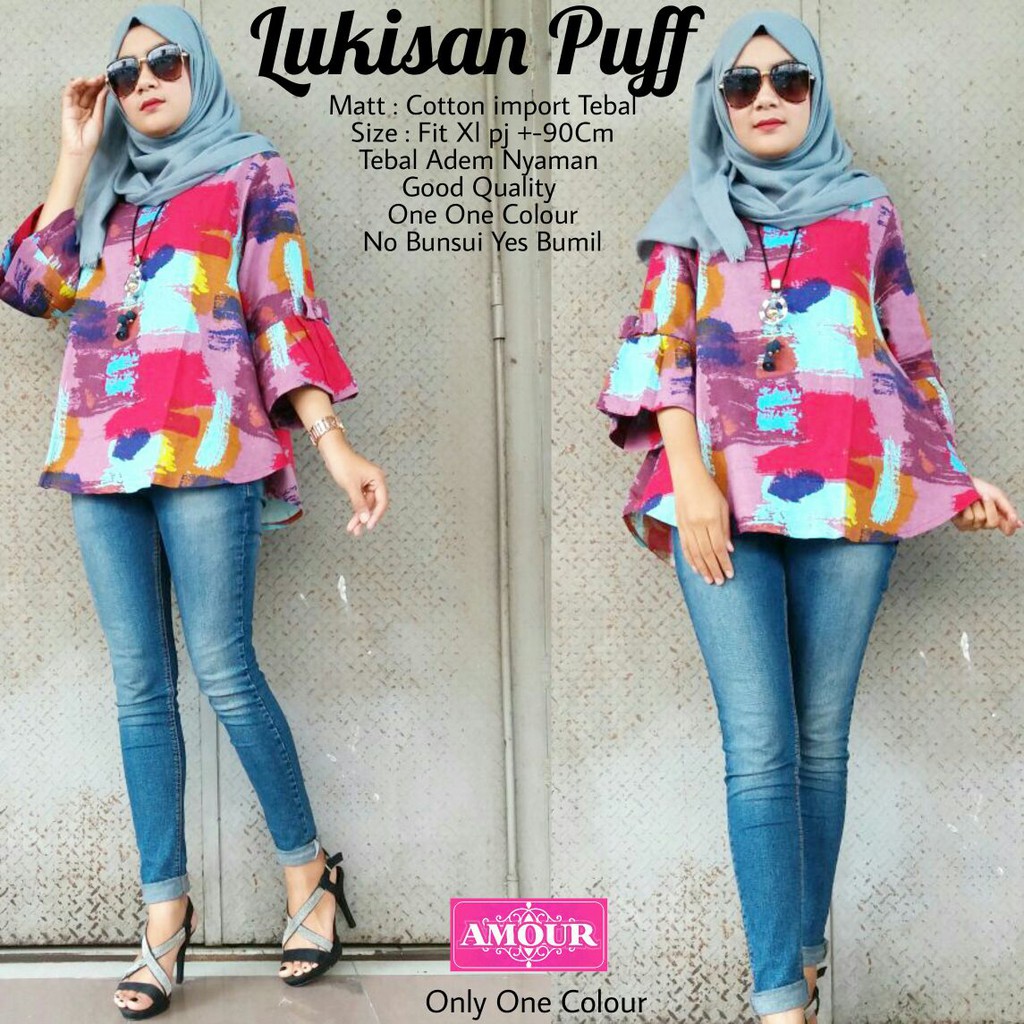 Blouse Muslim Baju Atasan Wanita Tunik Lukisan Puff Shopee Indonesia