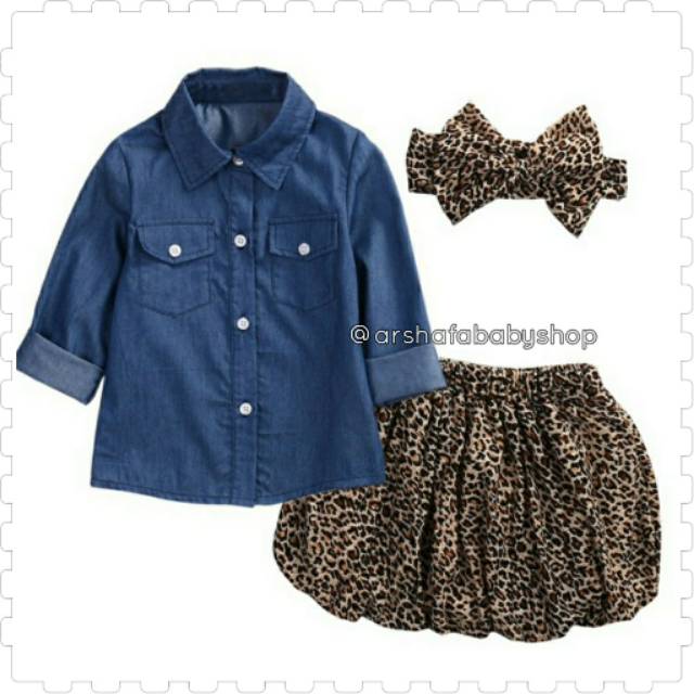 Setelan Jeans + Rok + Bandana Leopard Import arshafababyshop