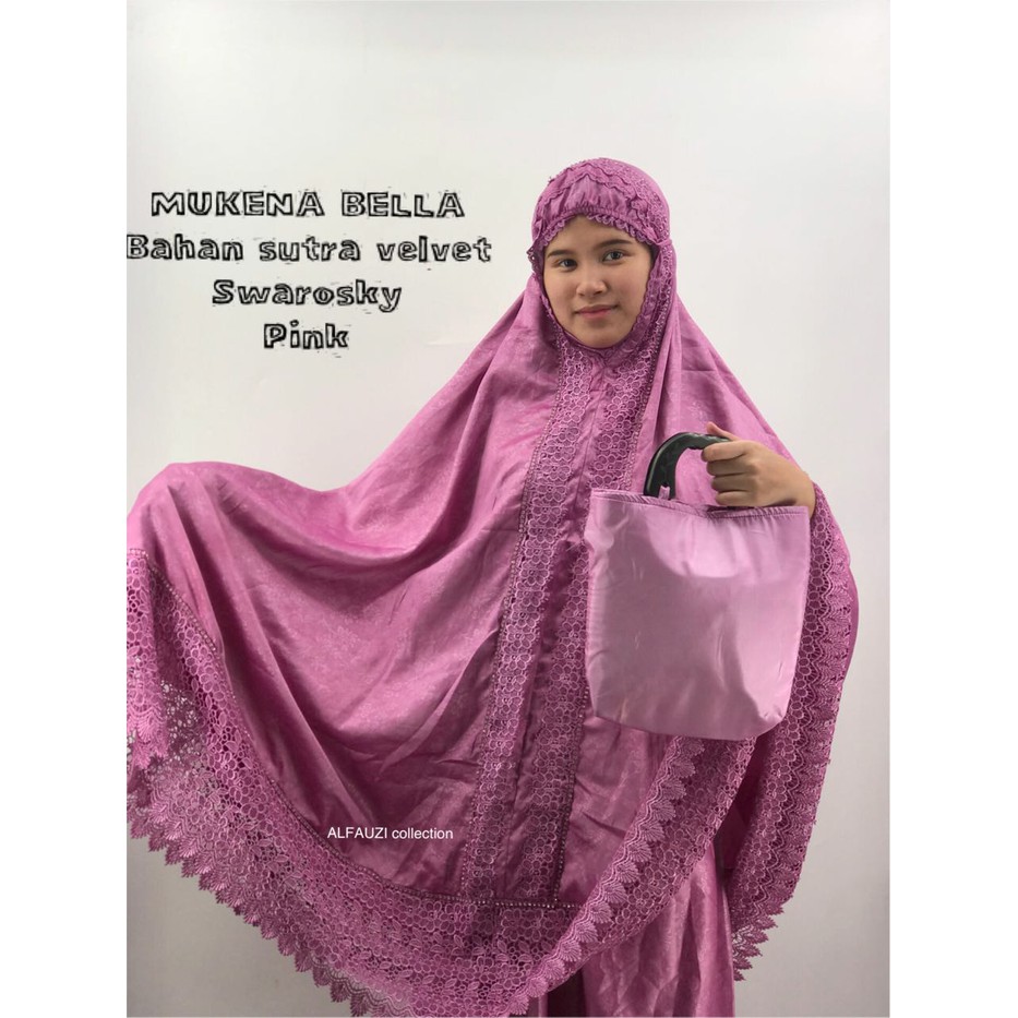 mukena velvet terbaru Mukena Bella Sutra Velvet Swarosky Pink murah dan bagus