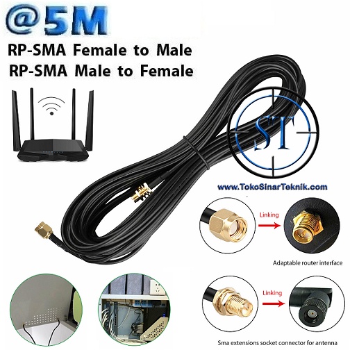 Kabel Extension Pigtail RP-SMA 5 Meter Male to Female Sambungan Perpanjangan Coaxial RF Cord Connector Cable RPSMA Antenna Wi-Fi Wireless Router Panjang 5meter