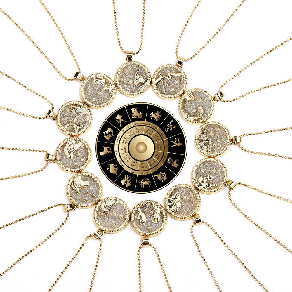 2020 Kalung Rantai Liontin Bulat Motif 12 Rasi Bintang Untuk Pria / Wanita / Pasangan