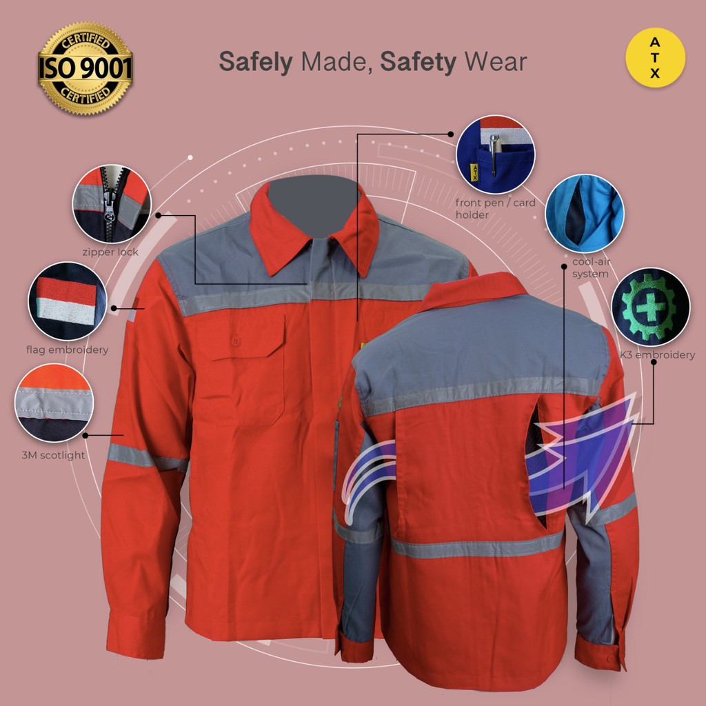 Wearpack Atasan Kemeja Safety Baju Safety Abu Kombinasi Merah Merk ATX