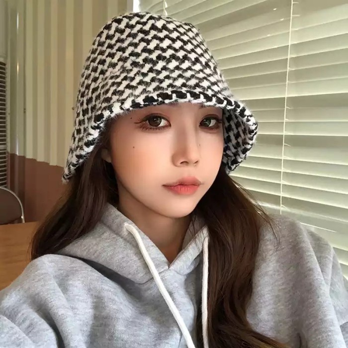 Topi bucket wool houndstooth Bucket Hat