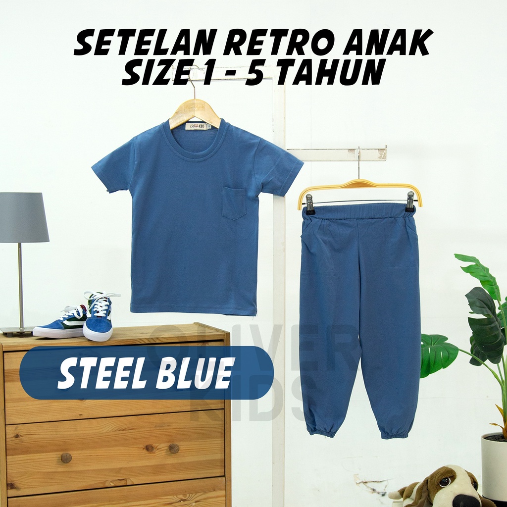 OliverKids Setelan Anak 1-5 Tahun Setelan Kiano Pocket Anak Celana Jogger Dan Baju Anak Polos Katun Combed One Set Henley Tee Setelan Pantai Anak-JOGGER BLUE
