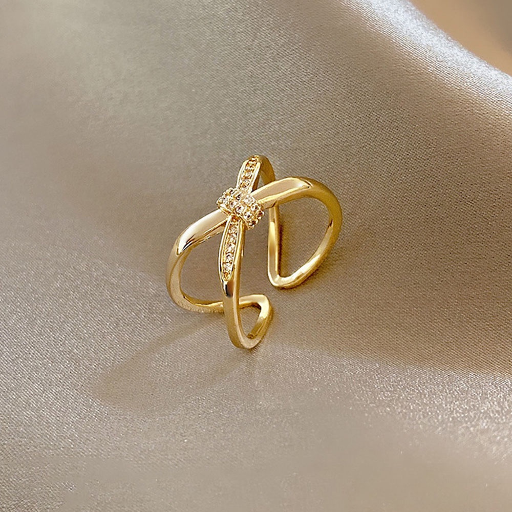 Cincin Model Terbuka Desain Silang Geometris Bahan Zirkon Gaya Korea Untuk Wanita