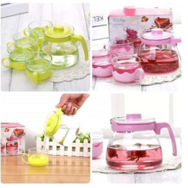 Sun Glass SunGlass Tea Pot Set 5 In 1 Teko Gelas Cangkir Tempat Minum Kopi Teh Kaca Gelas Cangkir