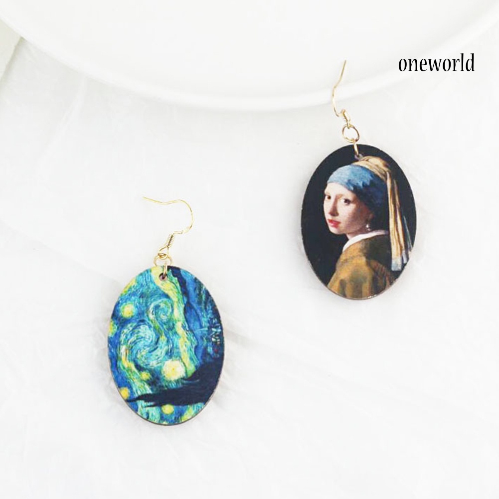 OW@ Women Oval Enamel Niche Oil Painting Asymmetrical Wooden Pendant Hook Earrings