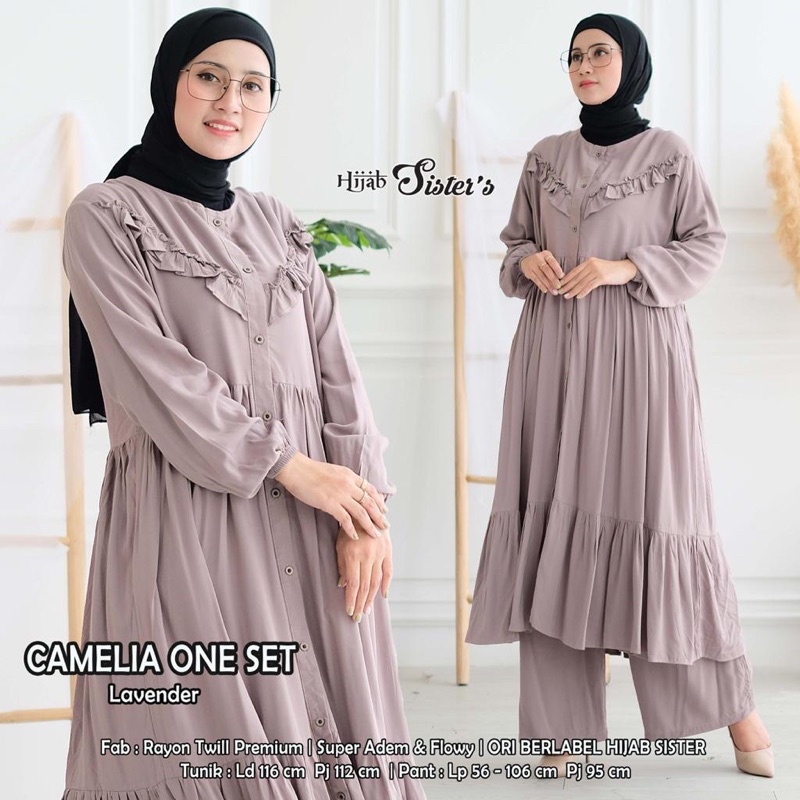 One set Camelia Jumbo LD 116 / Setelan Rayon Motif Polos / Long Tunik Set Celana Kulot
