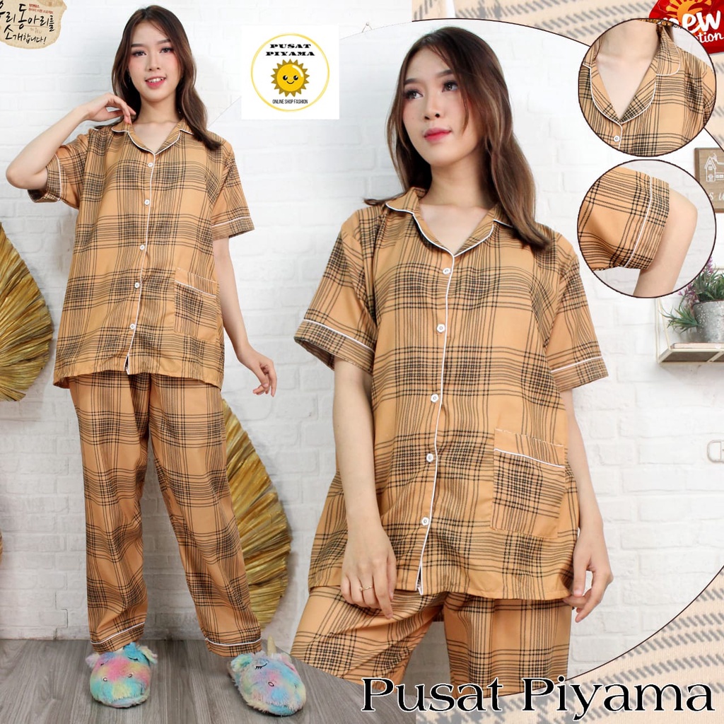 Baju Tidur Cewek Lengan Panjang Dan Lengan Pendek Motif Kotak Piyama Wanita Kekinian Pajamas Dewasa-6
