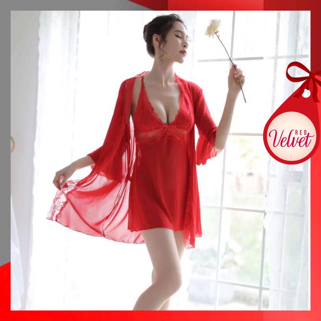 RV® Lingerie Gamis Seksi + G-String Baju Tidur Wanita Renda Jubah Transparan 1064-1