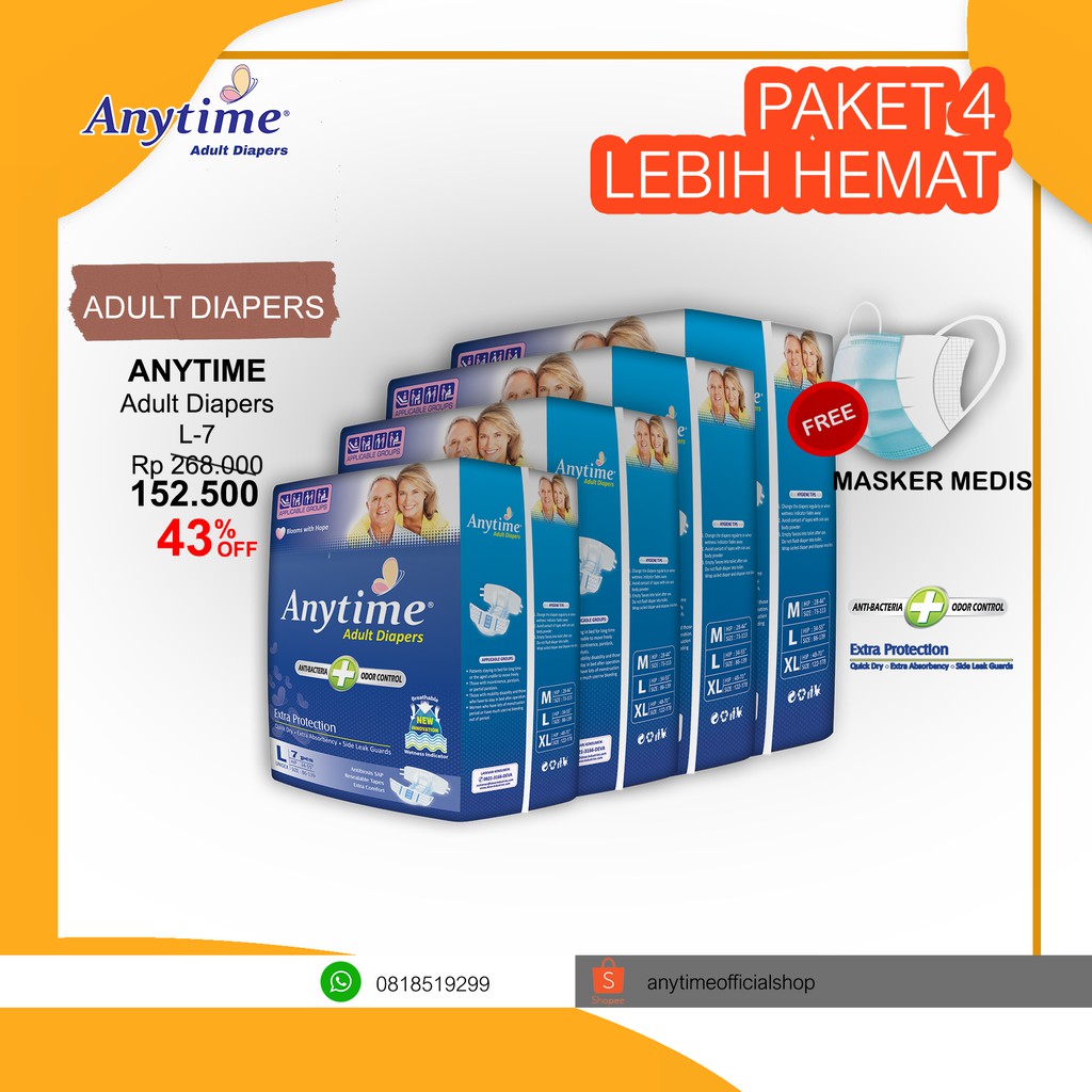 

Anytime Popok Dewasa / Adult Diapers Size L7 - We Care With Confidence And Lifree - Paket 4 Bags
