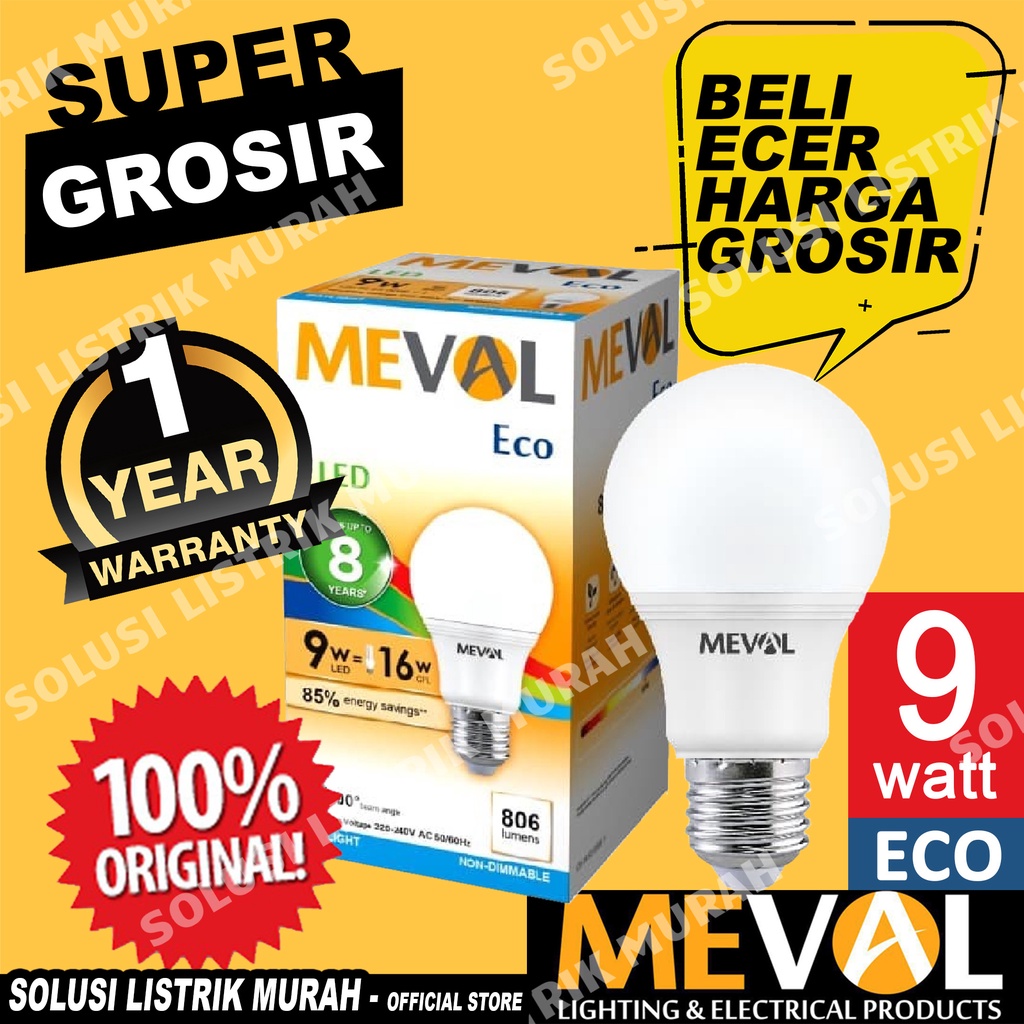 MEVAL Lampu Led Eco 9W Bulb Putih / Warm White / Kuning