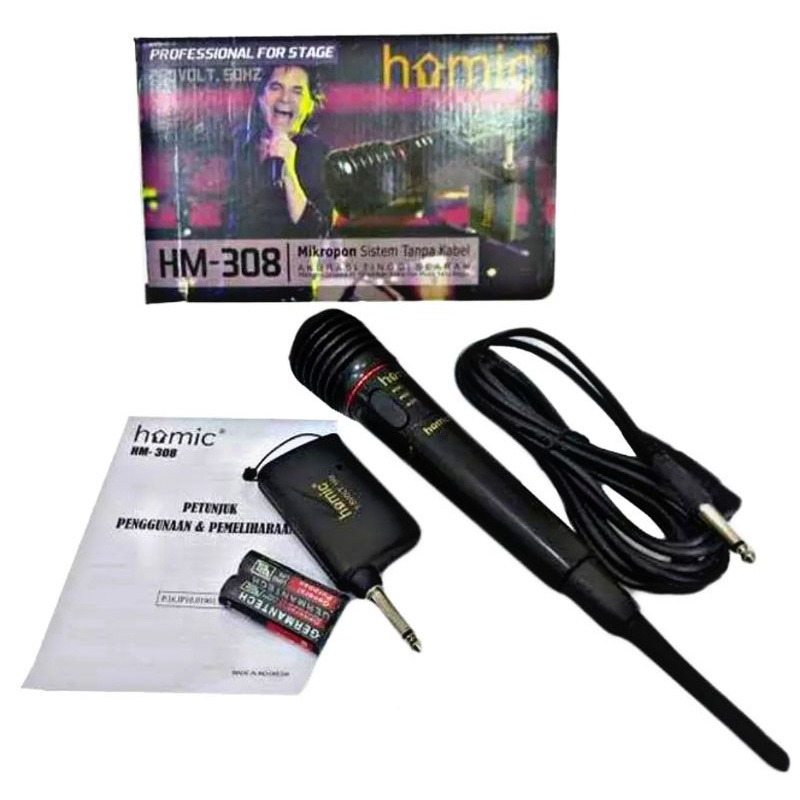 Mikrofon Wireless Single Homic HM 308 Suara Mantap / Mik wireless pakai batre / Mik Karaoke single isi 1