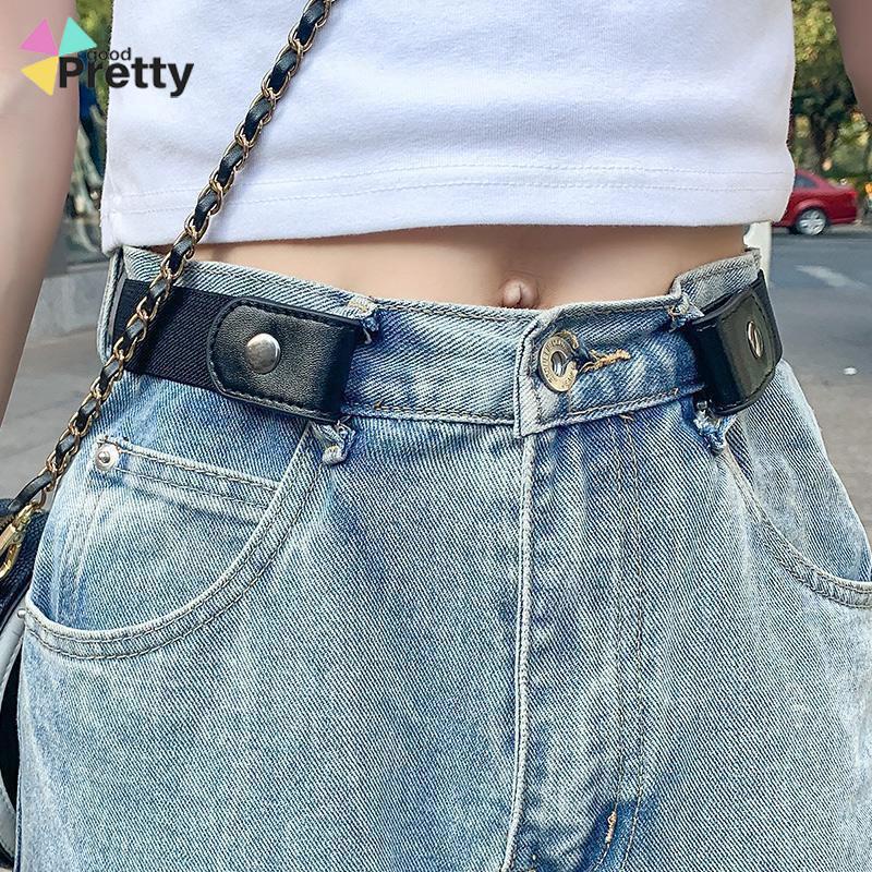 Jeans Belt elastis pria serbaguna tak terlihat lubang elastis wanita bebas dekoratif ins gaya sabuk malas - PD