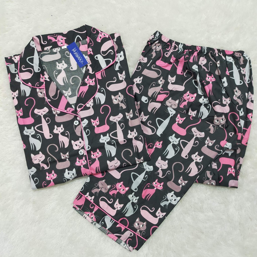 VeriFel Piyama Dewasa - JUMBO Promo Murah Setelan CP Fit 75-85kg / 3L-CP Kucing Hitam