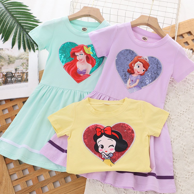 Dress Frozen Anak Perempuan Disney Elsa Anna Lengan Pendek Katun Motif Kartun Karakter Import