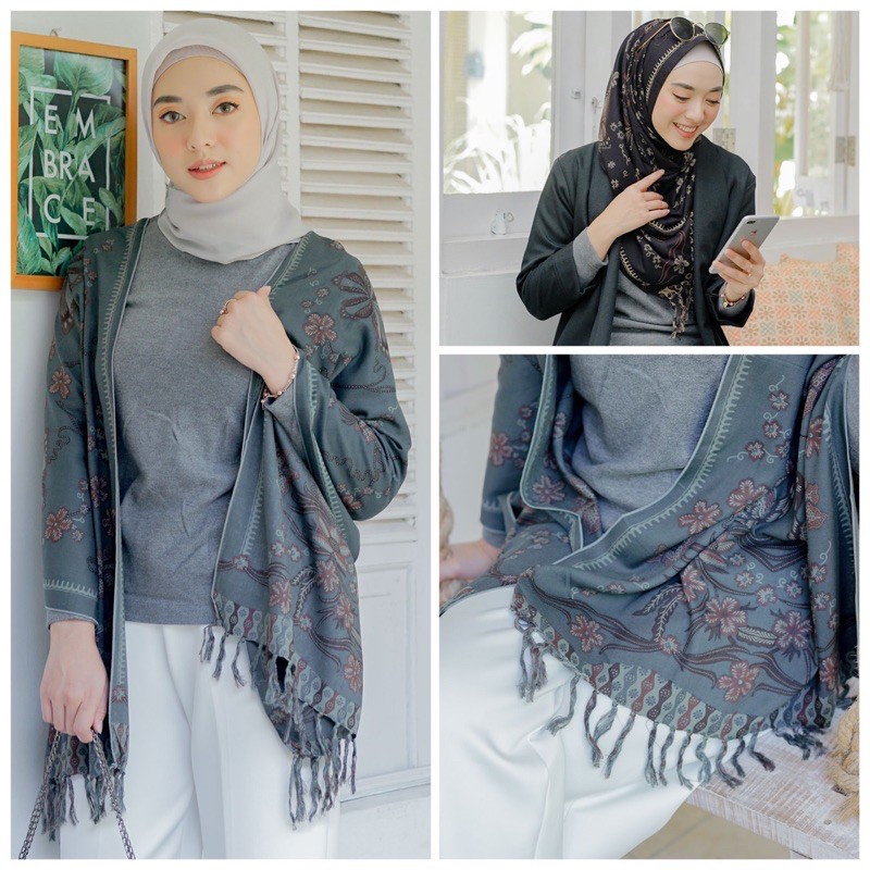 SYAL BATIK SCARF PASHMINA PREMIUM MOTIF ANGSA KUPU ABU SILVER HITAM ORANYE PASMINA 721518 CAP 72