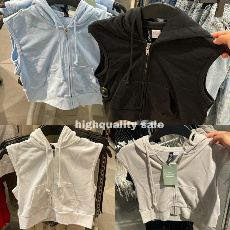 (JASTIP) H&M ROMPI HOODIE ZIPPER CROP WOMENS VEST BABY BLUE HITAM BEIGE PUTIH ORIGINAL STORE HNM