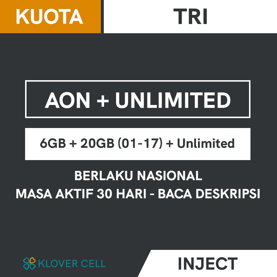 Inject Kuota TRI Unlimited AON 6GB Paket Data Three 26GB Tembak Internet