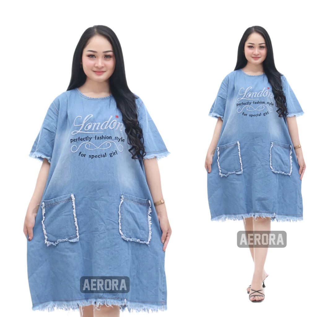 Baju Atasan Tunik Jeans Denim Jumbo Wanita Terbaru 2023 Kekinian Snow Blue Pemium Import Ld 120 P 95 Guess Dress Allsize