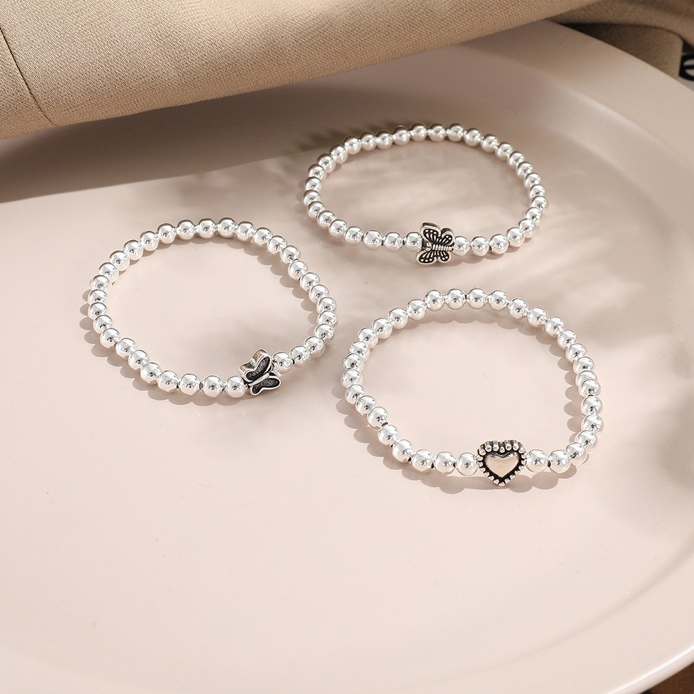 3pcs / Set Gelang Manik-Manik Butterfly Hati Bulat Bahan Metal Warna Silver Untuk Wanita