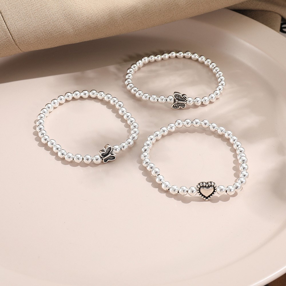 3pcs / Set Gelang Rantai Manik-Manik Model Butterfly Heart Warna Silver Gaya Korea Untuk Wanita